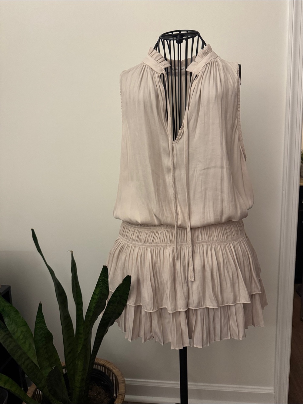 Sleeveless Ruffle Tennis SkirtMini Dress in Light Beige